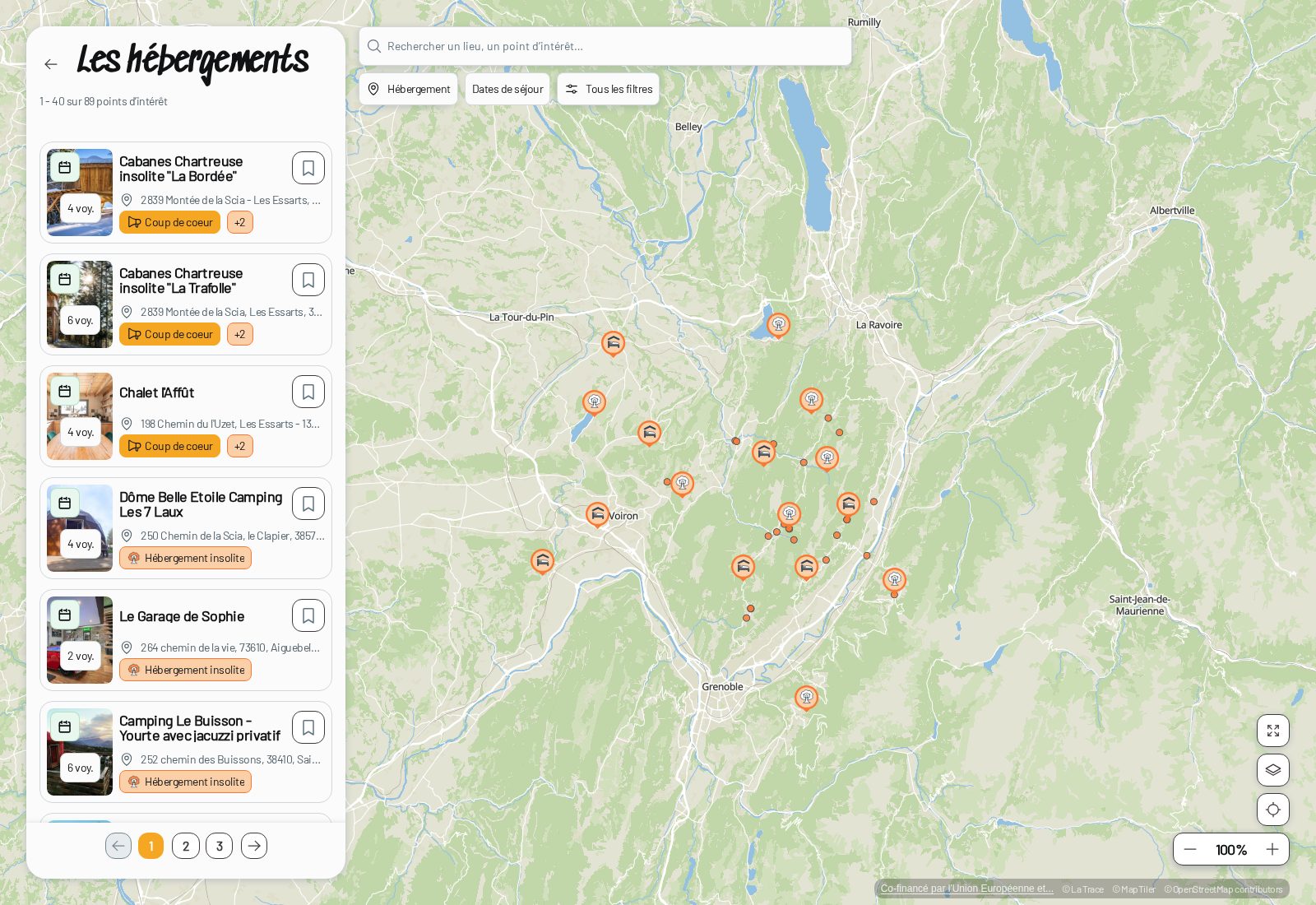 La carte des hébergements de Chartreuse Tourisme : 89 cabanes, dômes, yourtes et gîtes autour du massif