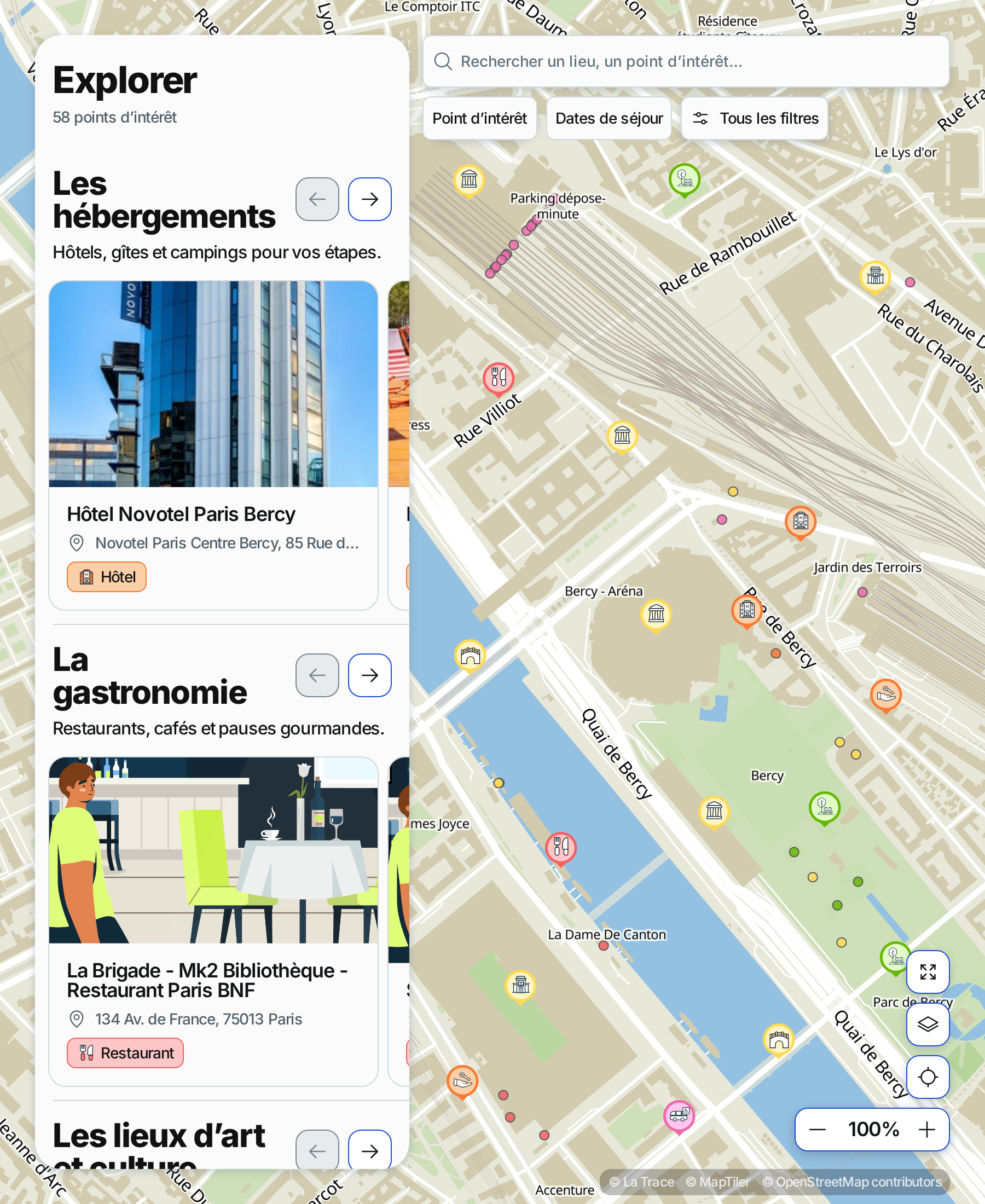 Carte de démonstration autour d'une salle de concert, avec les hôtels disponibles aux dates, les restaurants, le métro et les gares