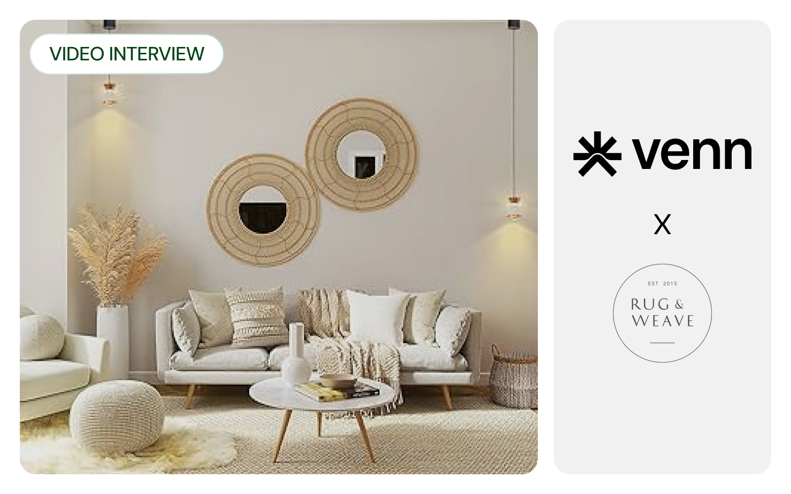A Venn case study image with Rug & Weave, showing living room furniture.