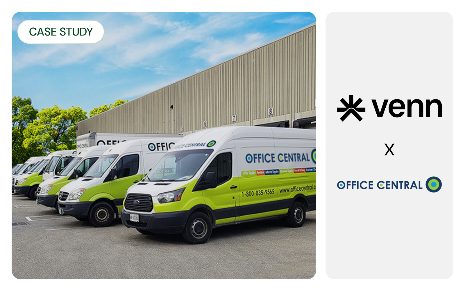 A Venn case study image for Office Central, showing trucks parked.