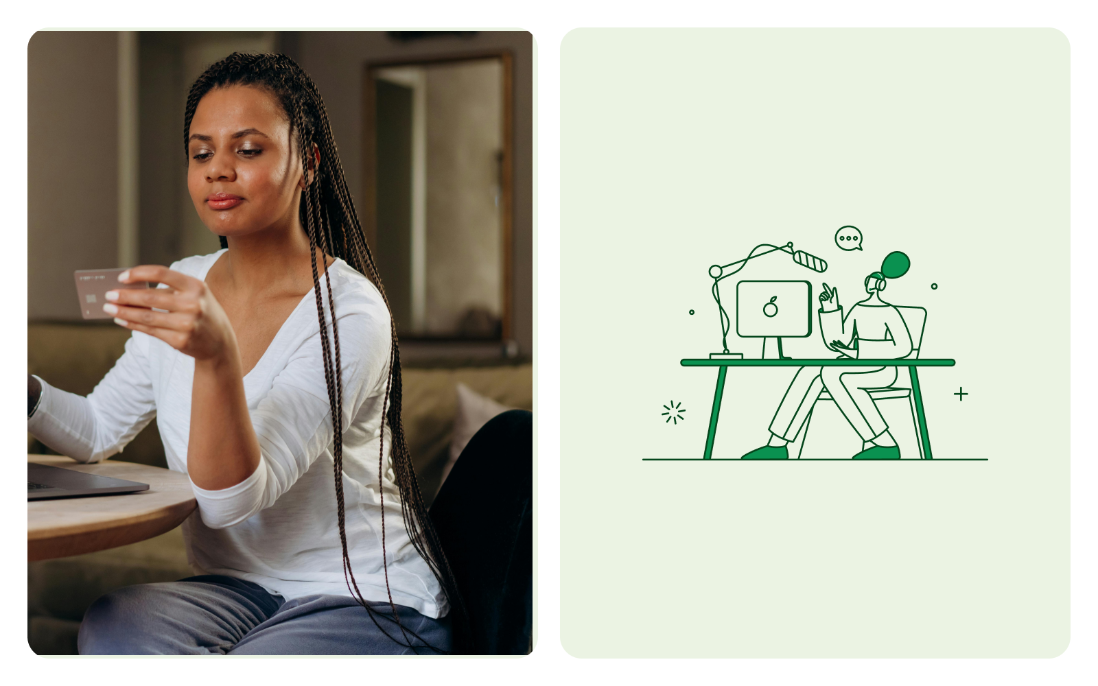 A woman looking at a credit card