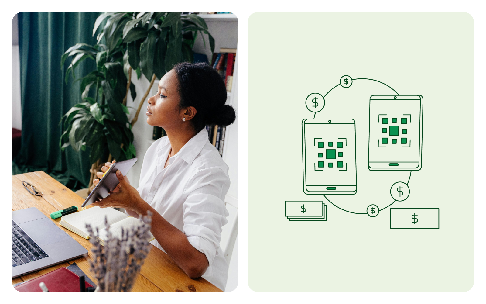 A woman holding a tablet. 