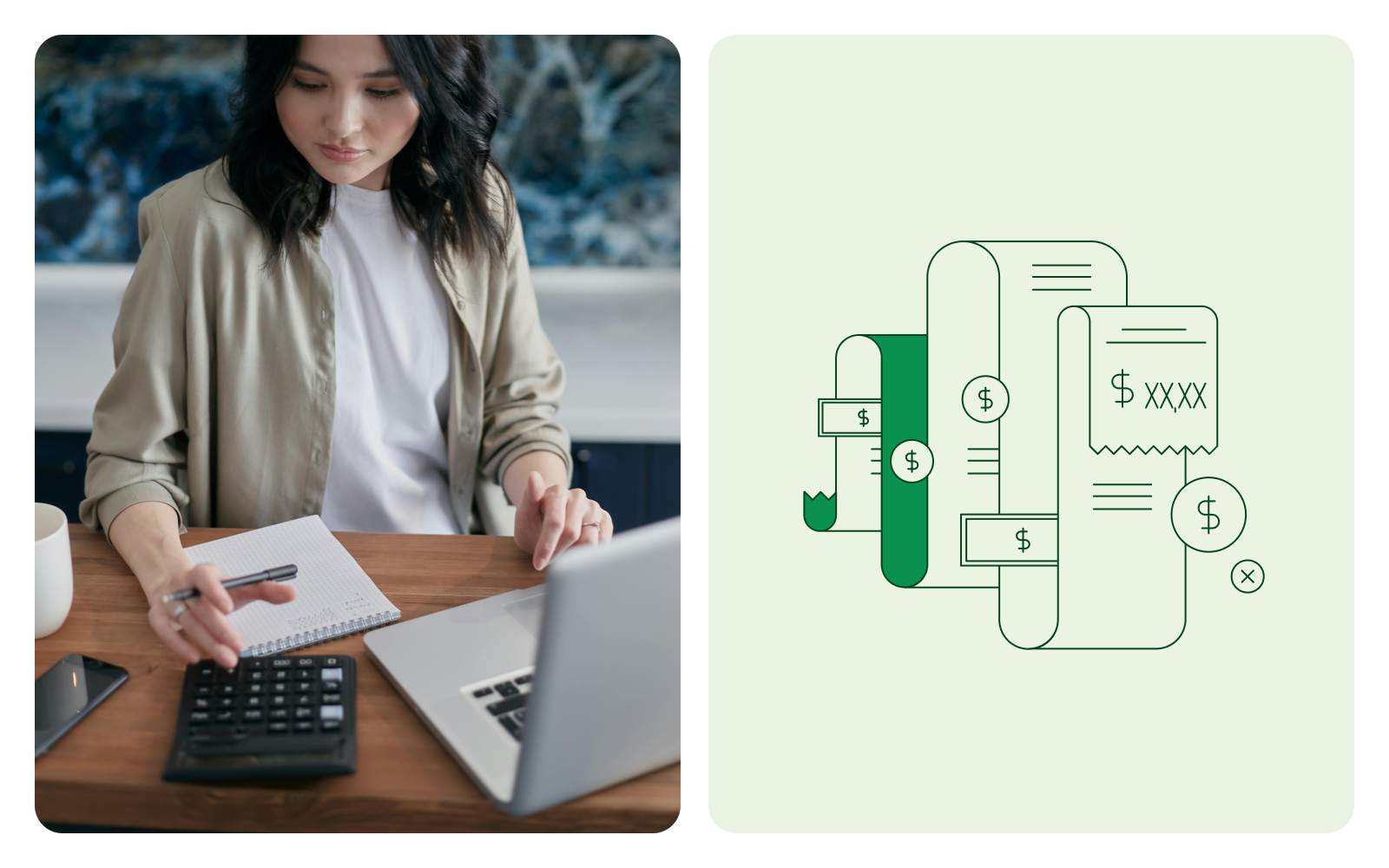 A person doing business finances with a computer and calculator.