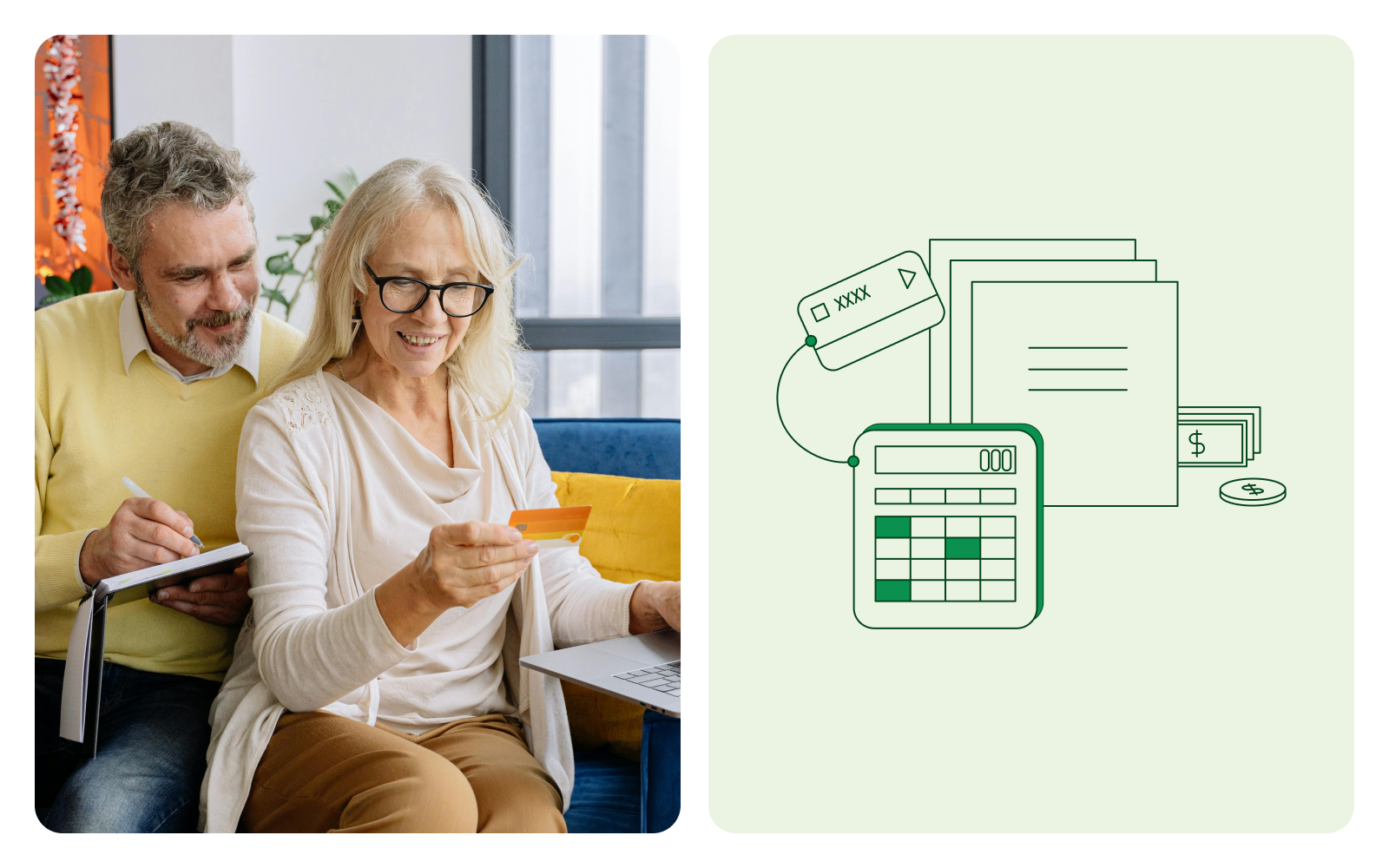 Elderly people looking at a credit card. 