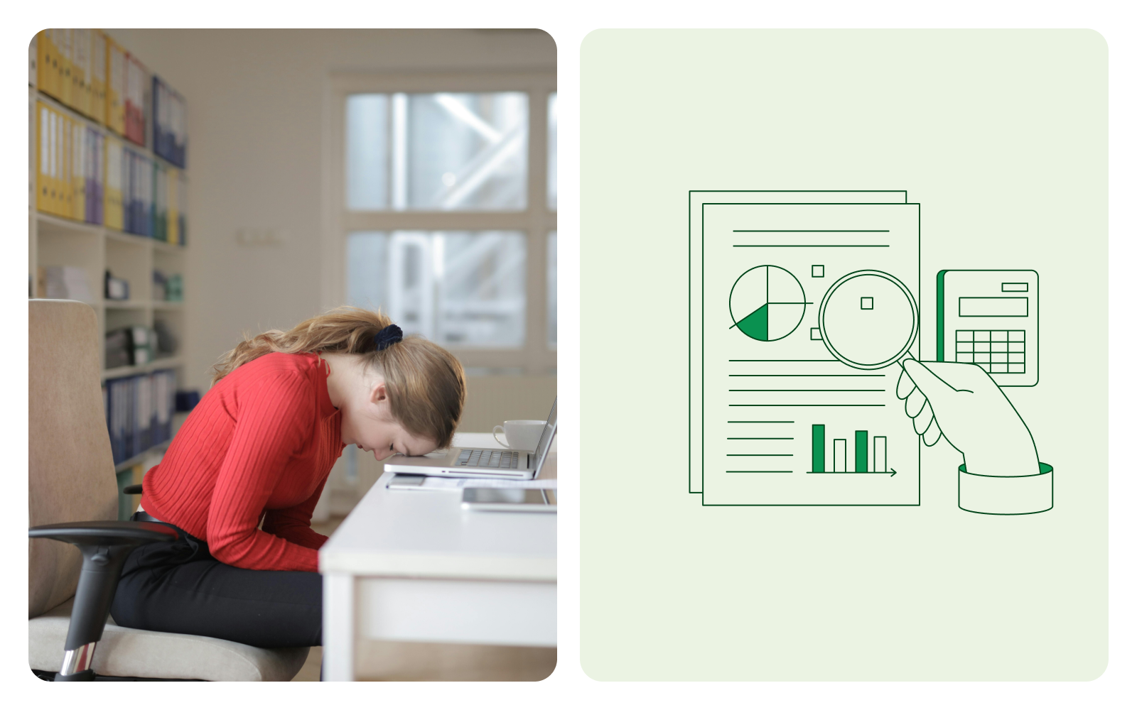 A woman with her head on her desk.