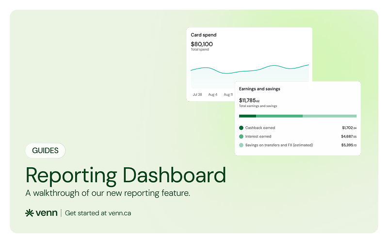 Venn reporting dashboard showing card spend and earnings and savings widgets
