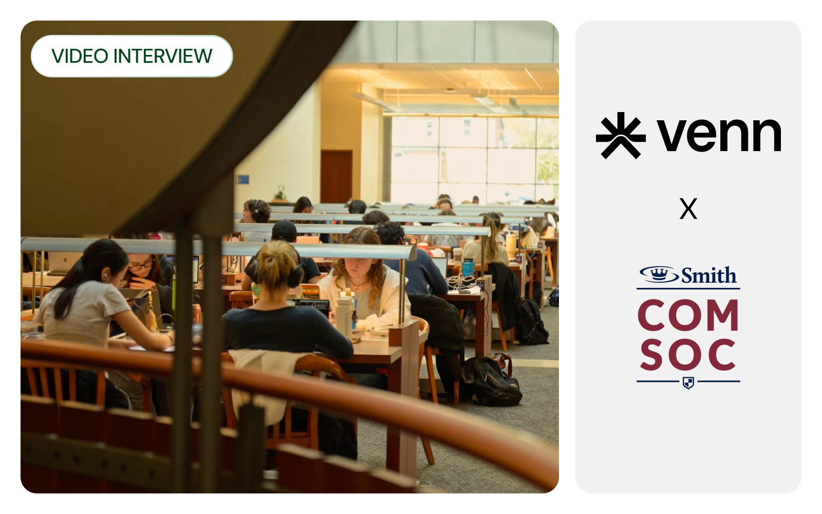 Students studying in a university library with Venn and Smith ComSoc logos