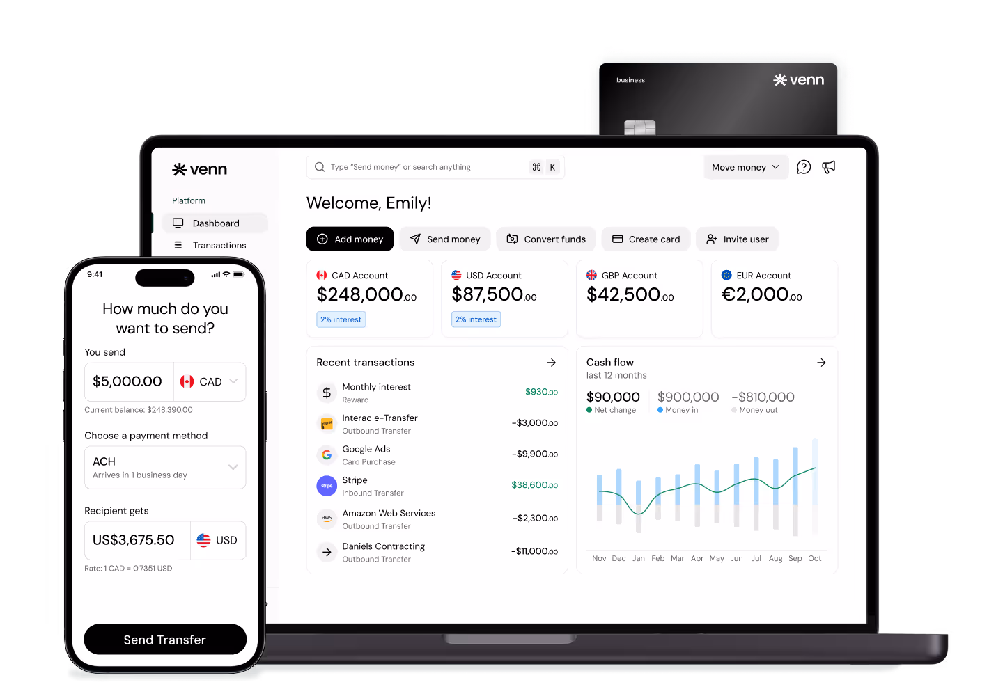 Venn platform UI on desktop and phone, as well as a the Venn card