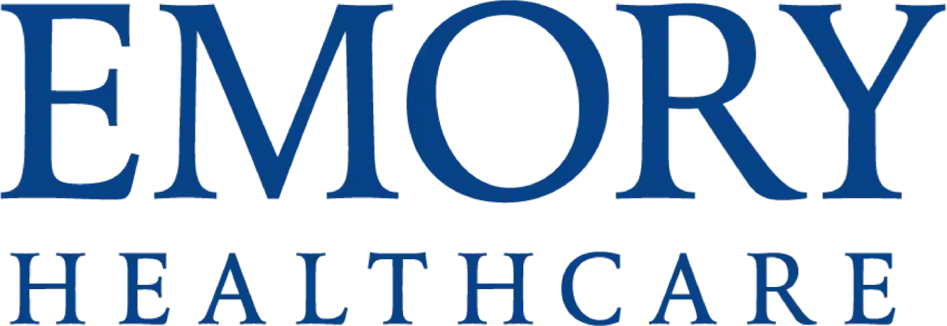 Emory Healthcare logo text in blue serif font.