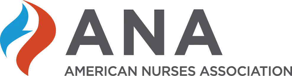 Logo of ANA American Nurses Association with a stylized flame in blue and red.