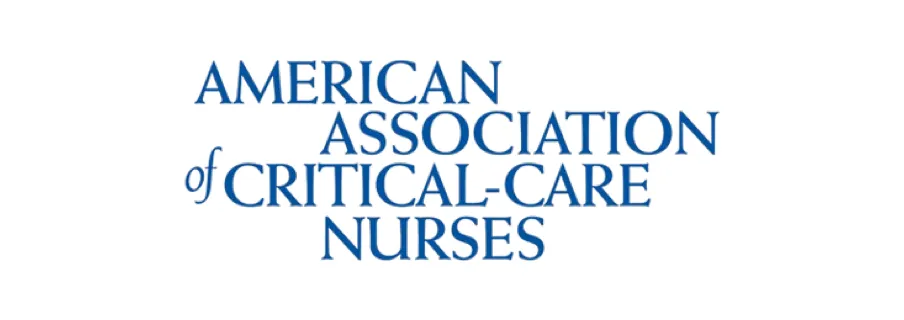 Text logo saying American Association of Critical-Care Nurses in blue serif font on white background.