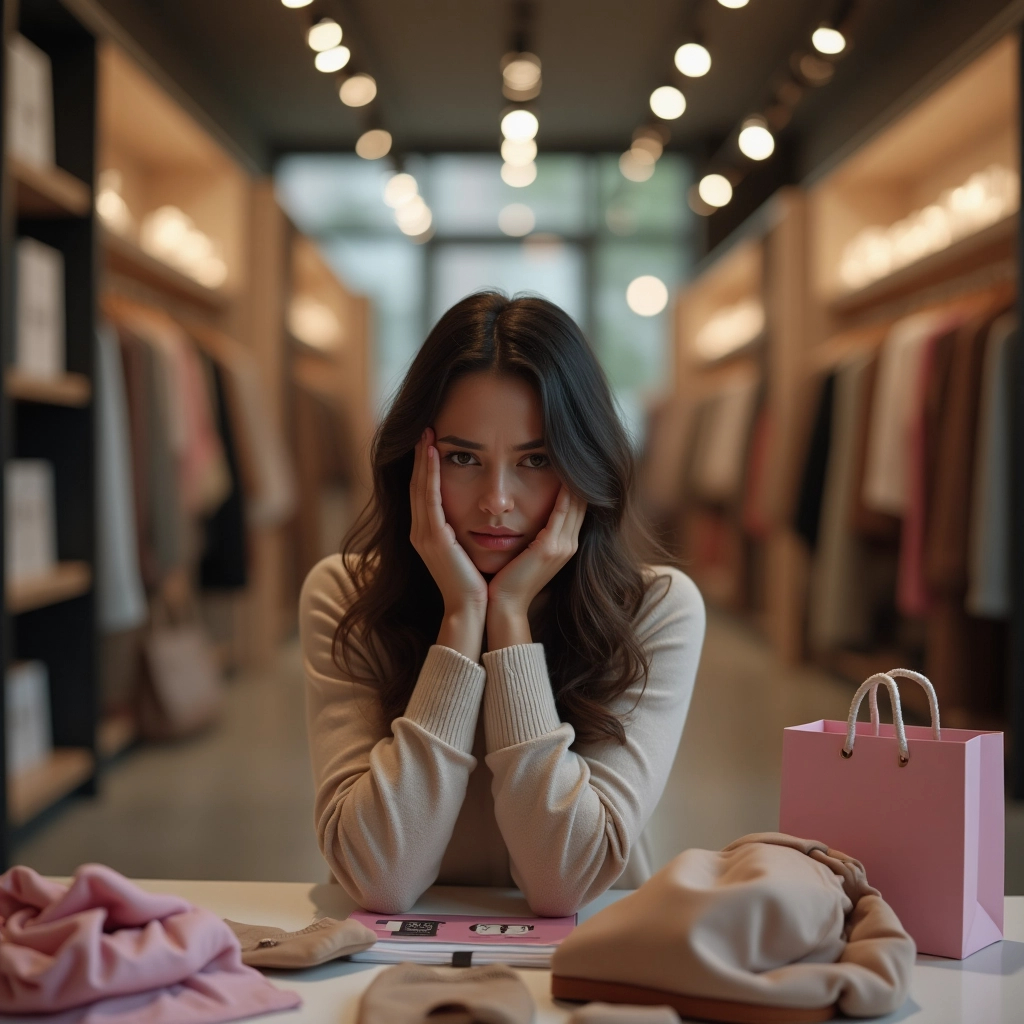 Young woman in beige sweater resting her face in her hands, sitting at a table with folded clothes and a pink shopping bag in a clothing store.