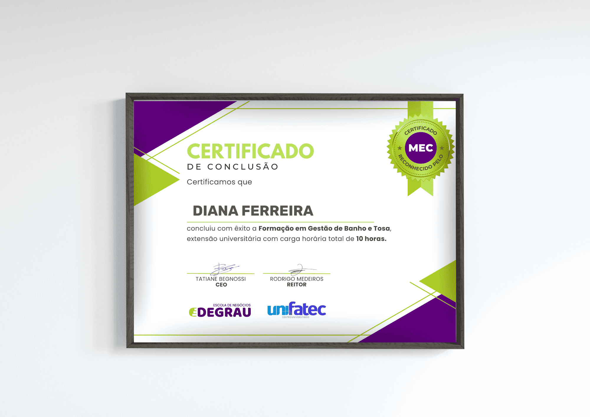 Certificado Curso de Gestao para Banho e Tosa - Degrau Escola de Negócios