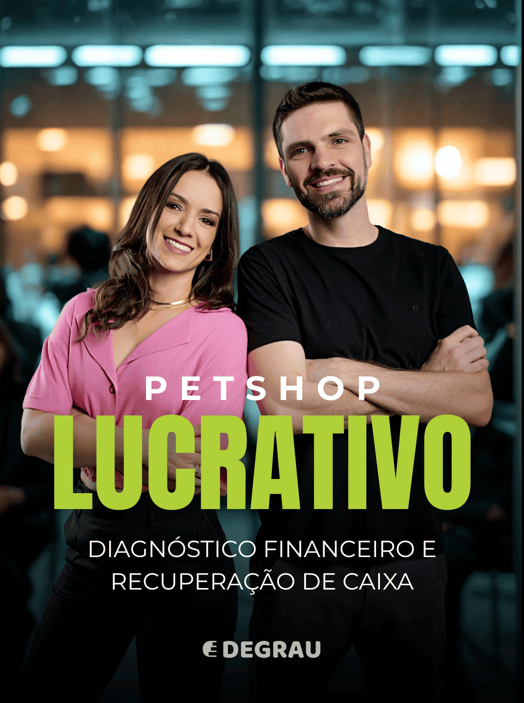 Smiling man in black shirt and woman in pink blouse standing with arms crossed, overlaid with text about profitable petshop financial diagnosis and cash recovery.