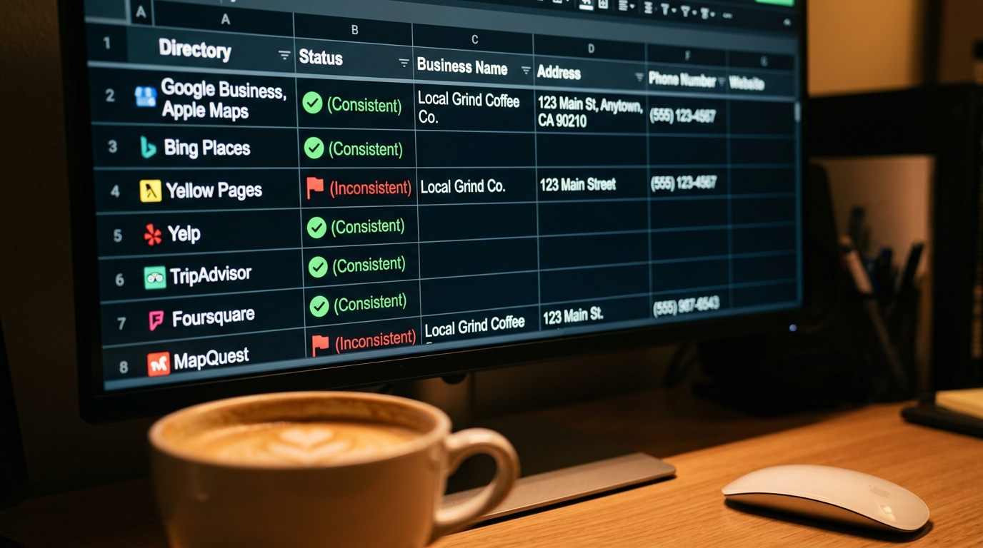 Computer screen showing local business directory listings with NAP consistency status across Google Business, Yelp, and other platforms, with coffee on desk.