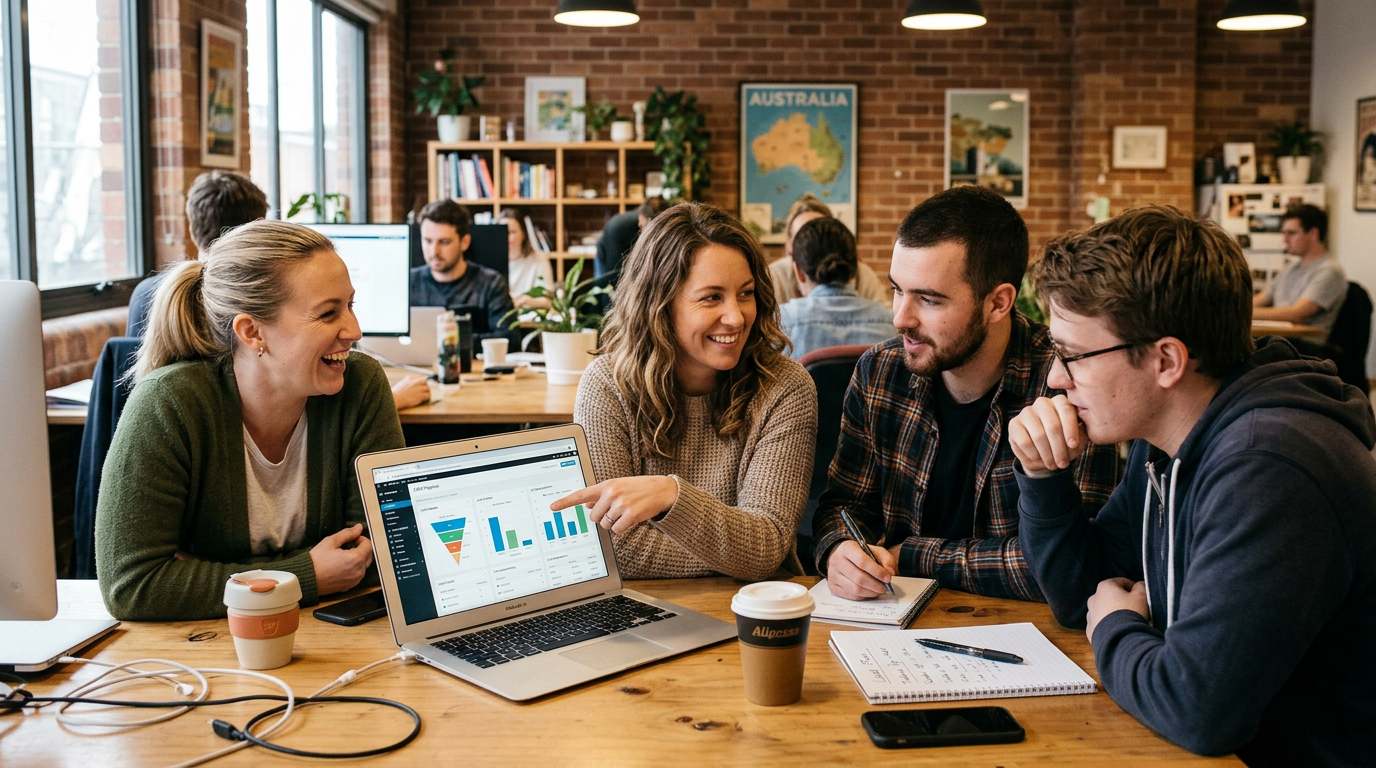 Group of coworkers reviewing marketing analytics on a laptop, discussing funnel performance and lead conversion strategies in a modern office