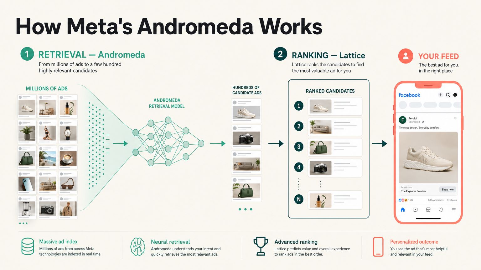 Infographic showing How Meta Andromeda Works