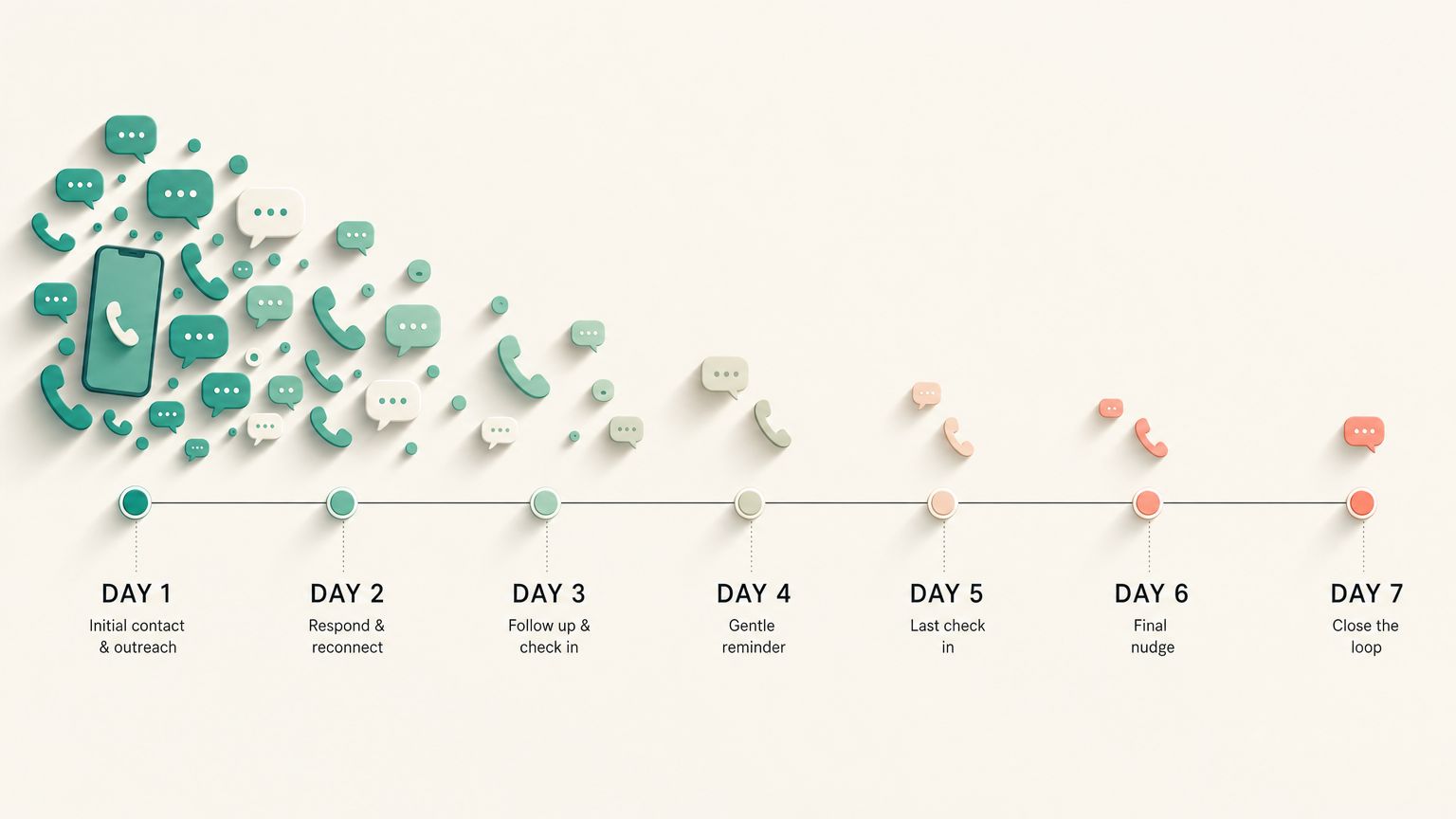 7-day lead follow-up timeline showing calls and messages tapering from Day 1 outreach to Day 7 close