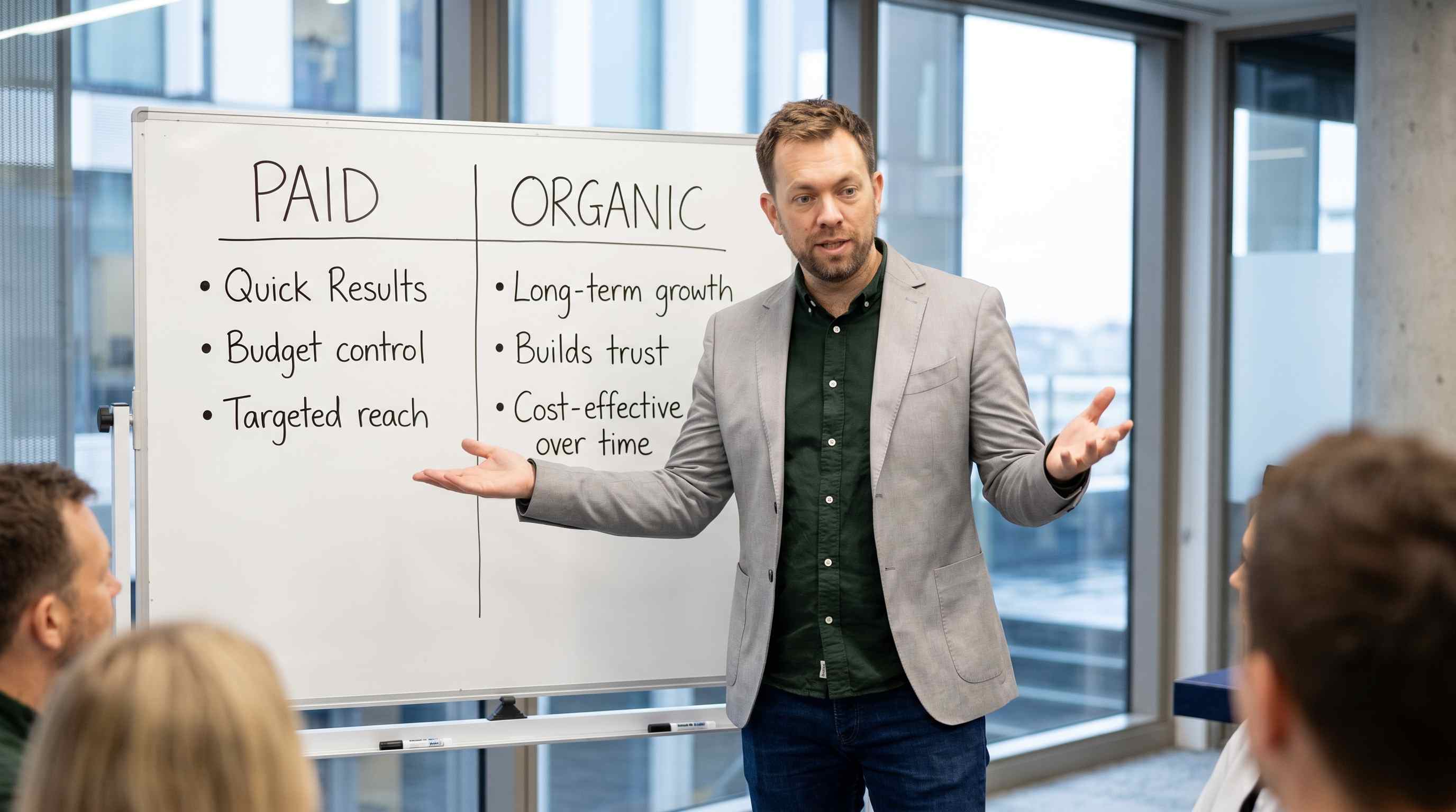 Richard presenting the pros and cons of paid and organic traffic.