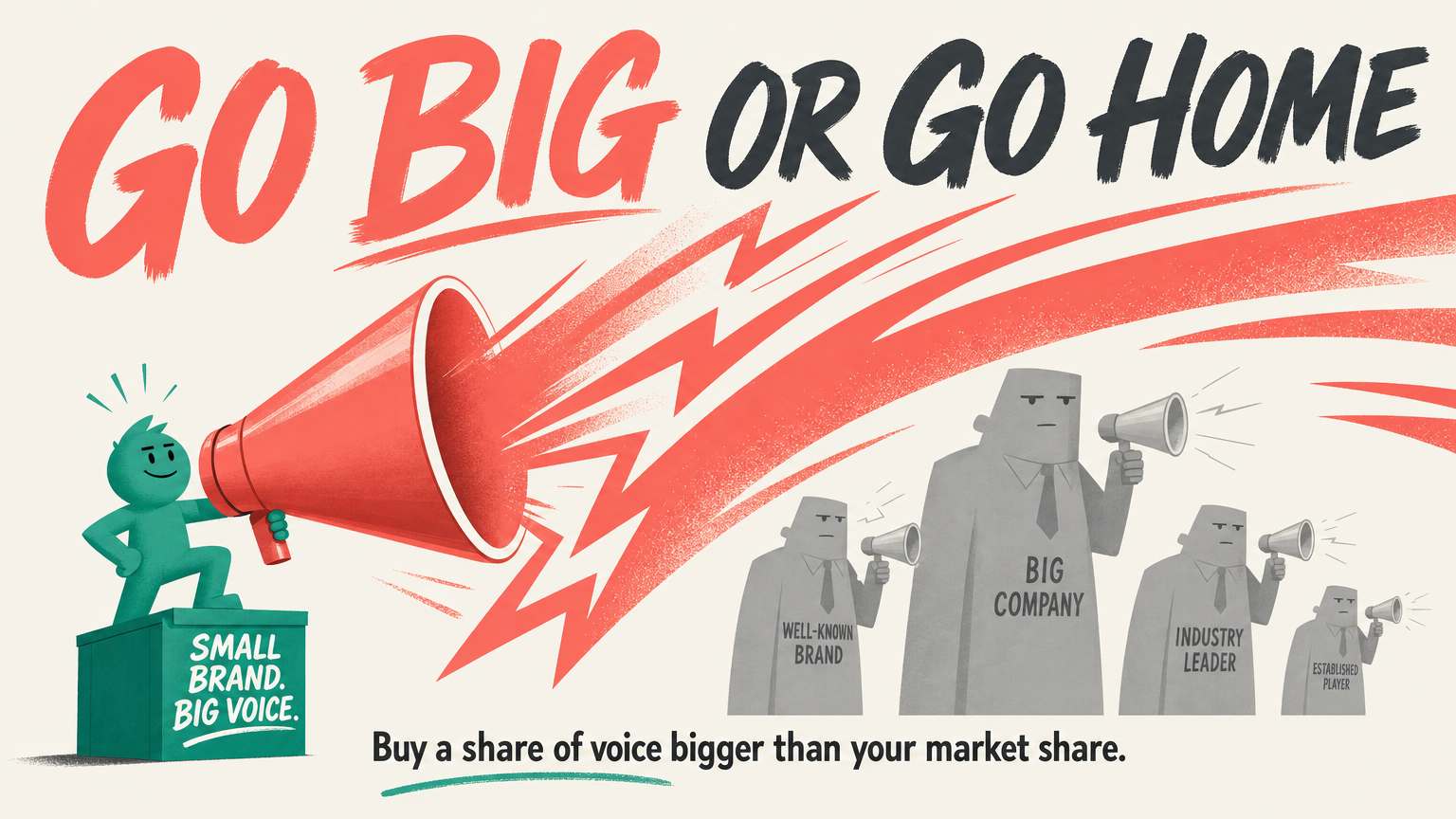 Illustration of a small brand using a megaphone beneath the shadows of larger competitors.