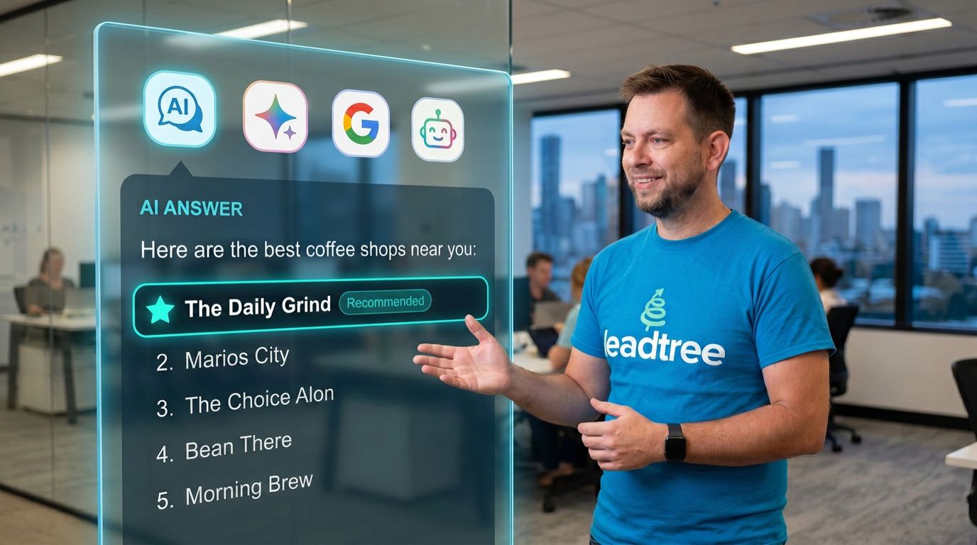 Illustration of a marketer reviewing an AI search answer recommending local businesses.