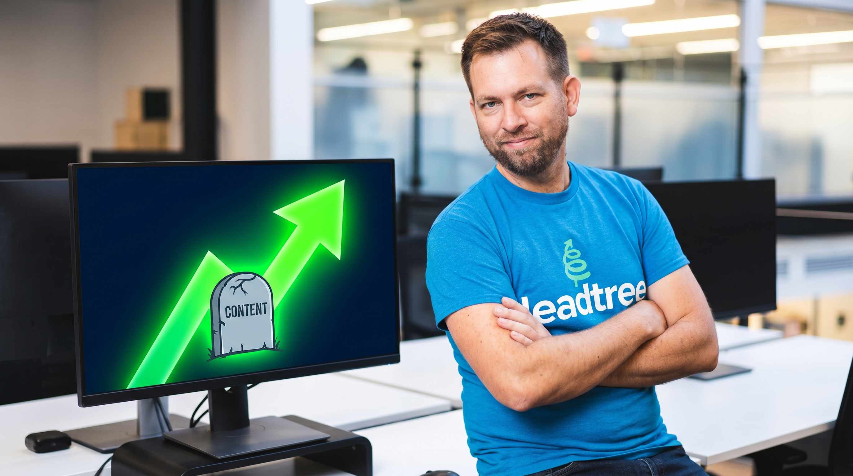 Illustration of a marketer reviewing a rising content performance chart.