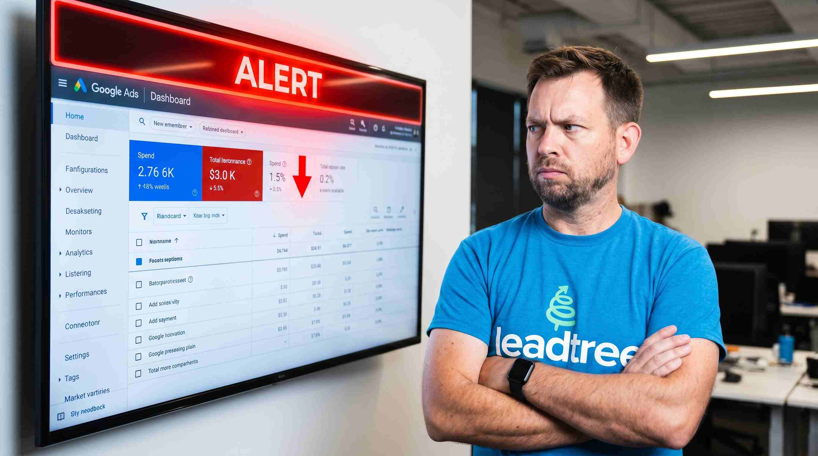 Illustration of a marketer investigating wasted spend in a Google Ads account.
