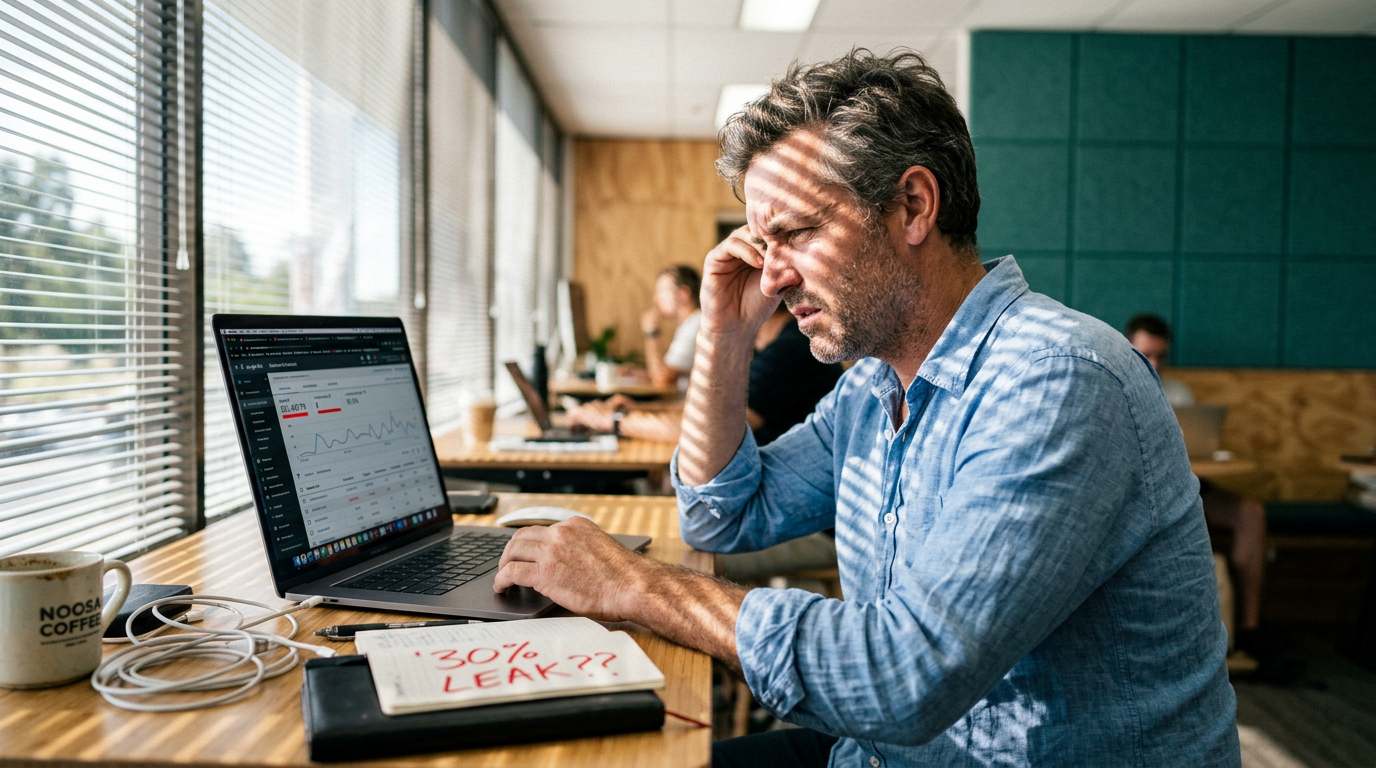 Illustration of a business owner reviewing a customer relationship management system.