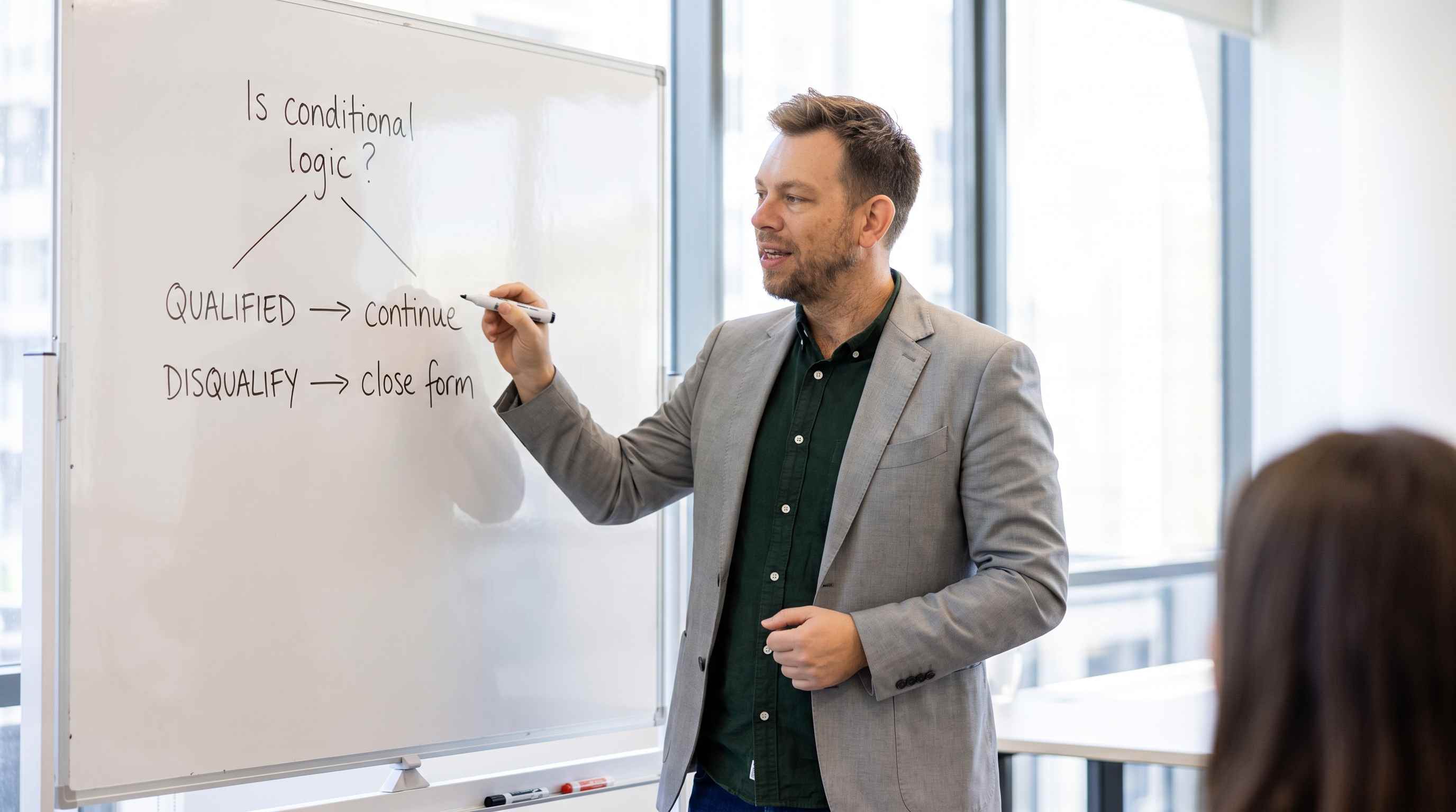 Illustration of a marketer mapping questions that qualify or disqualify lead-form submissions.