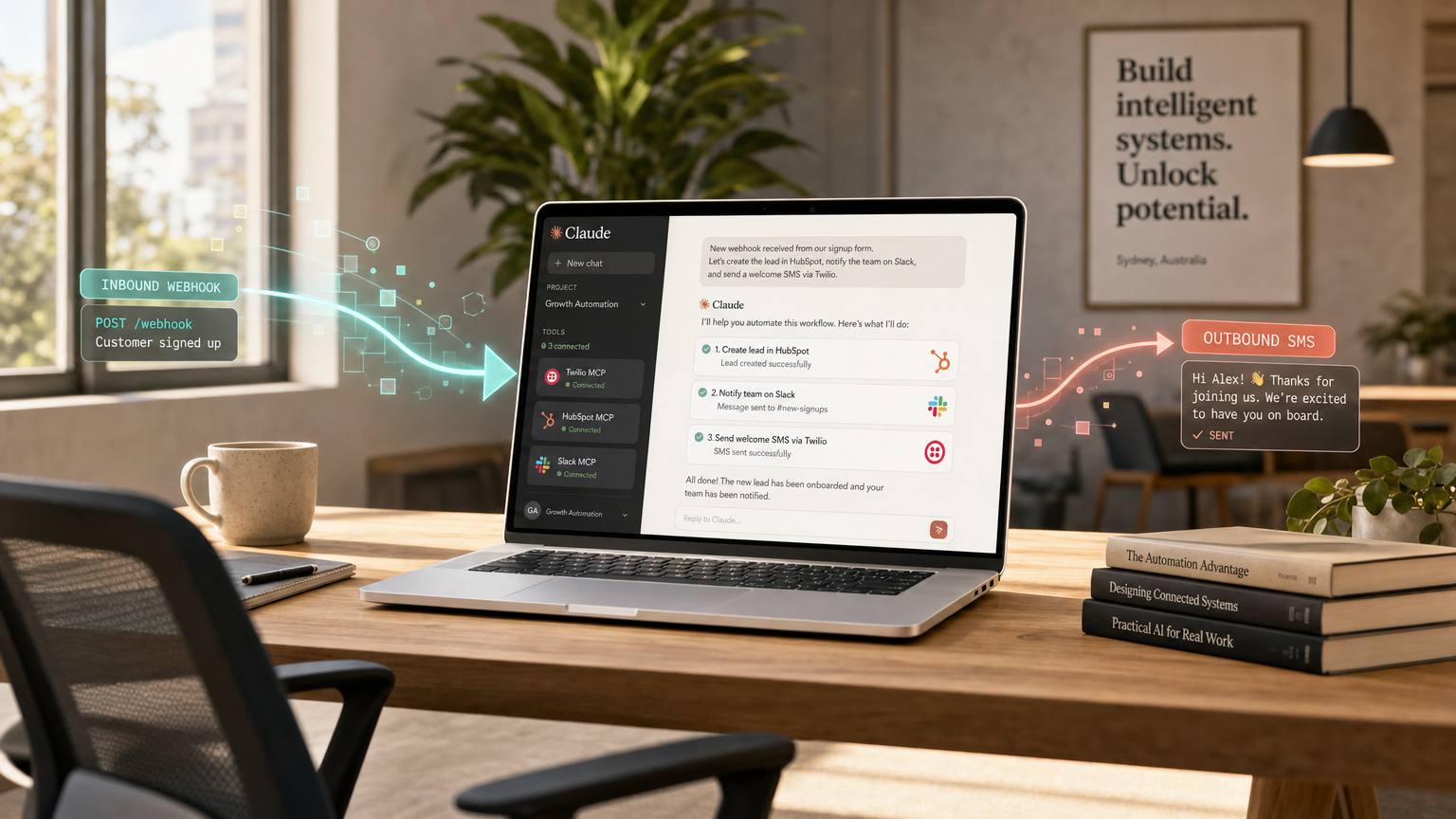Illustration of an automated lead-response workflow on a laptop.