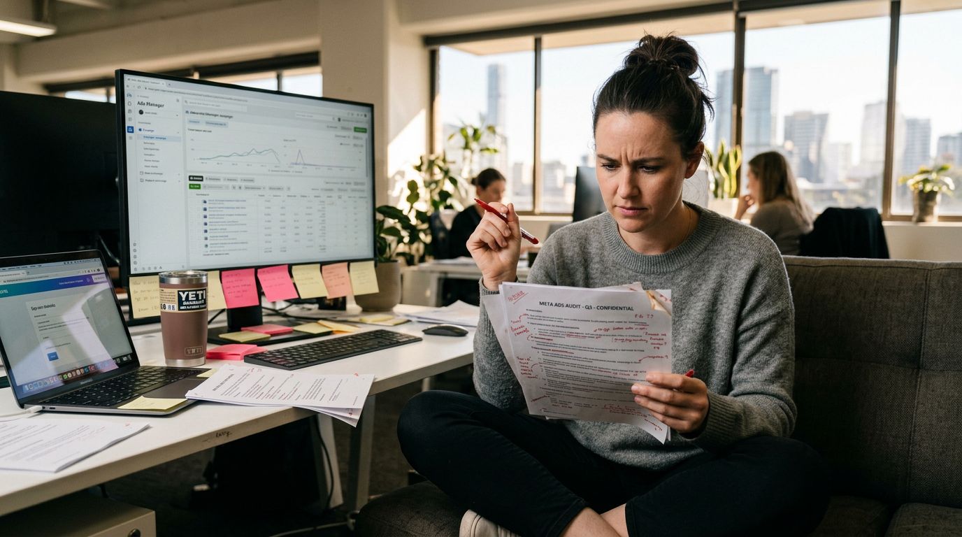 Illustration of an office manager reviewing advertising reports.