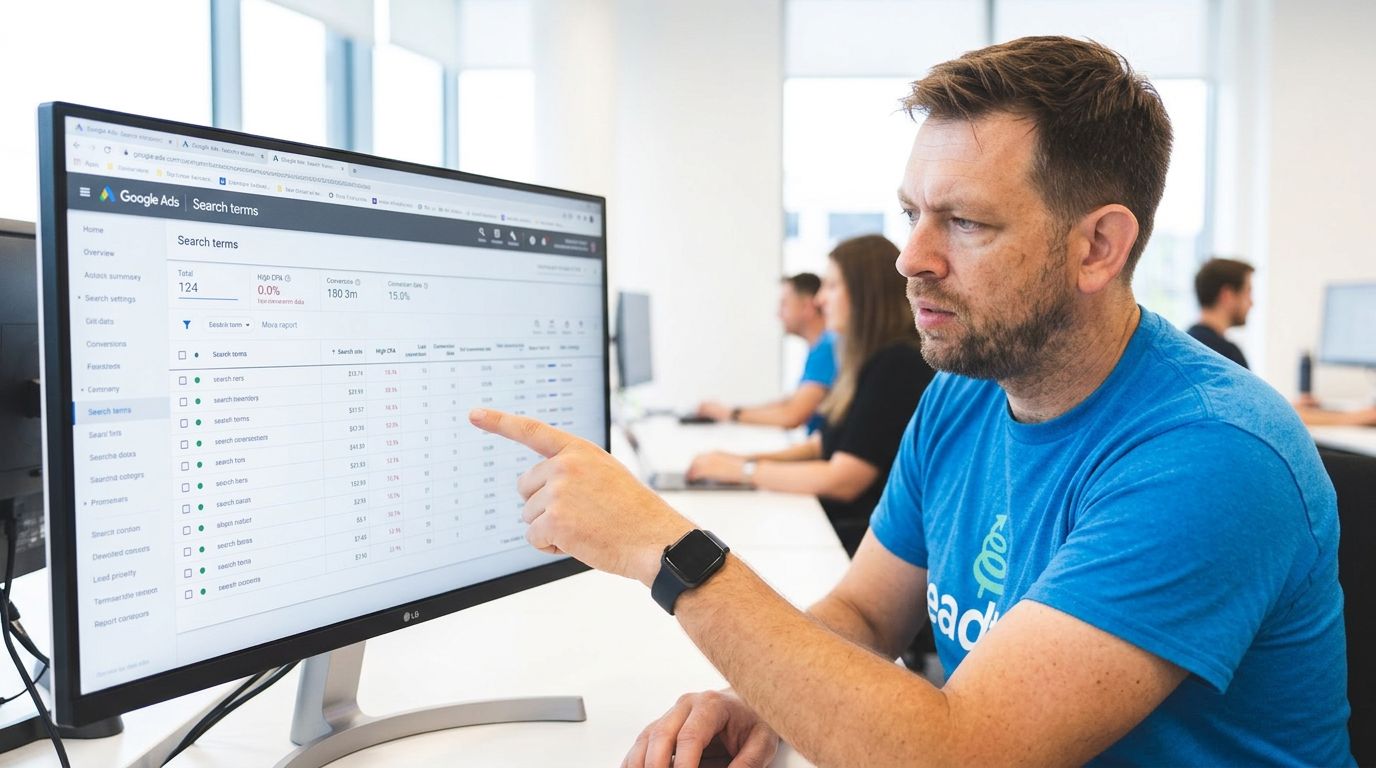 Illustration of a marketer reviewing Google Ads campaign results for a law firm.