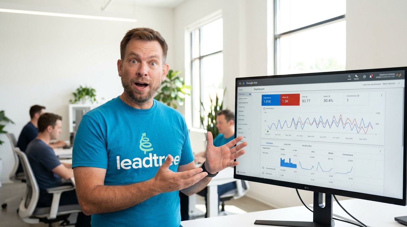 Illustration of a marketer reviewing Google Ads conversion tracking.