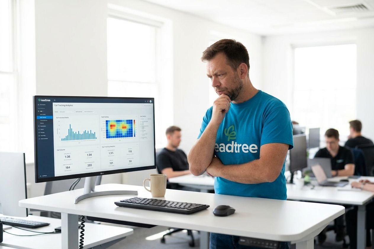 Illustration of a marketer reviewing call-tracking and campaign data.
