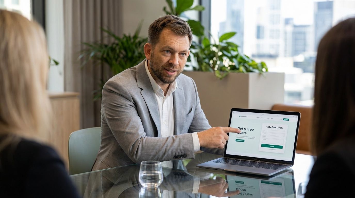 Illustration of a consultant reviewing a landing page on a laptop.