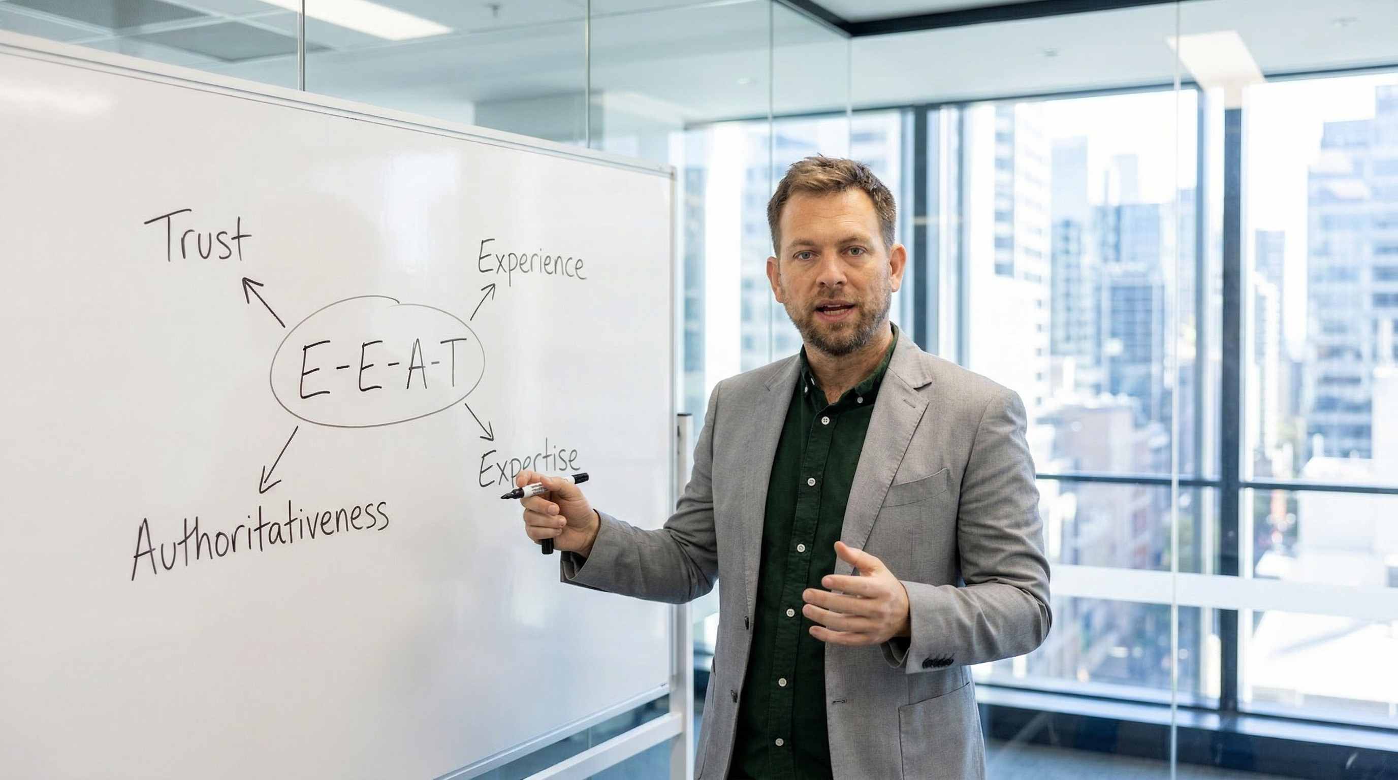 Illustration of a whiteboard explaining experience, expertise, authoritativeness and trust.