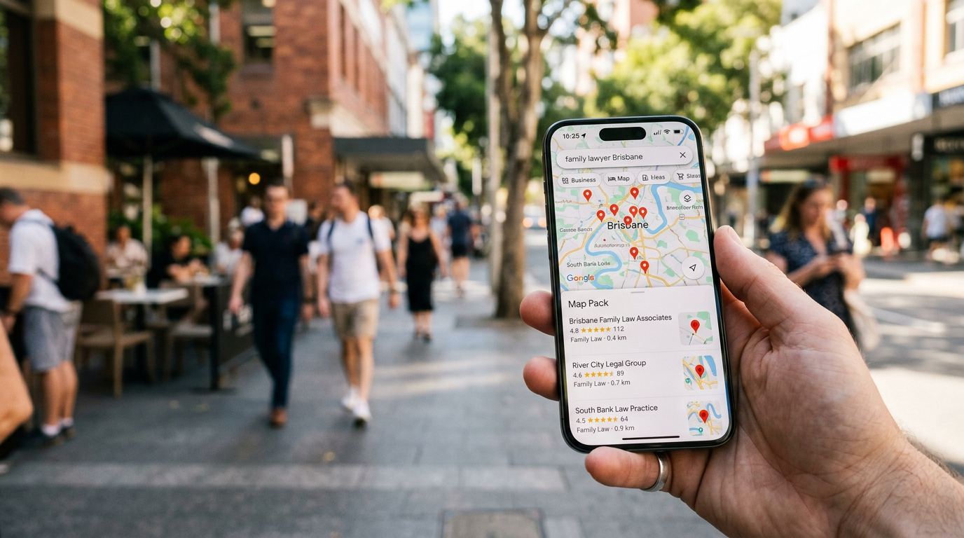 Illustration of local search results and map pins on a smartphone.