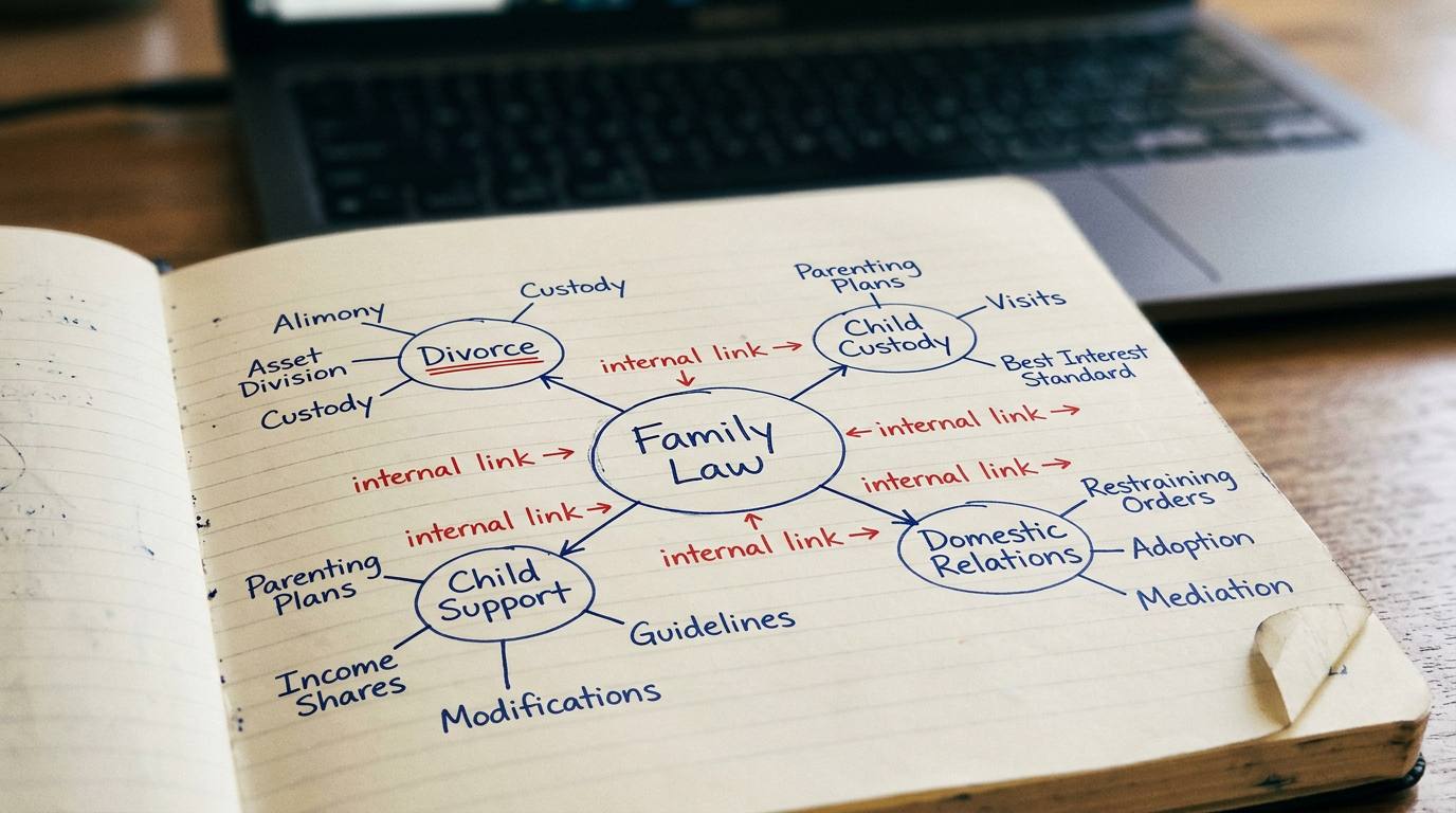 Illustration of a notebook mapping a family law content pillar and related articles.