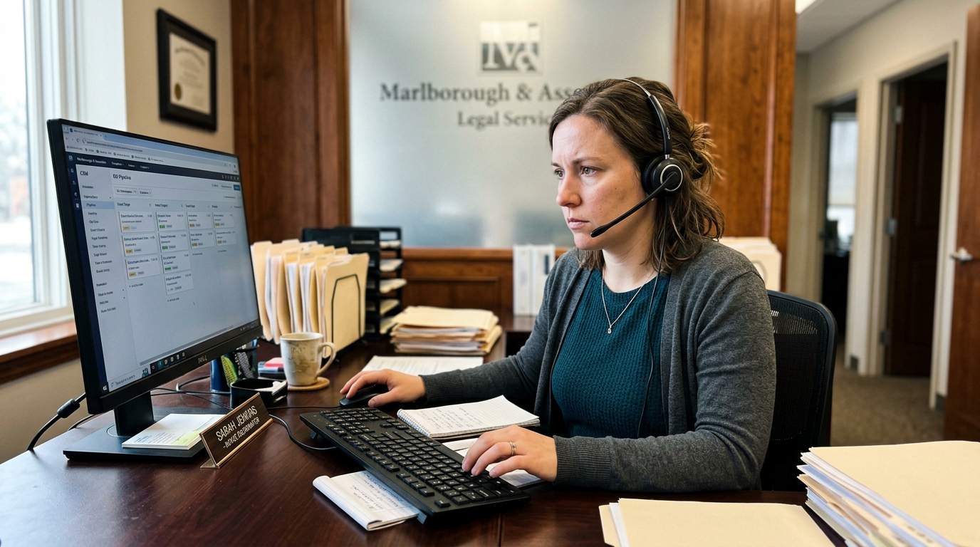 Illustration of law firm staff handling a phone enquiry alongside their CRM.