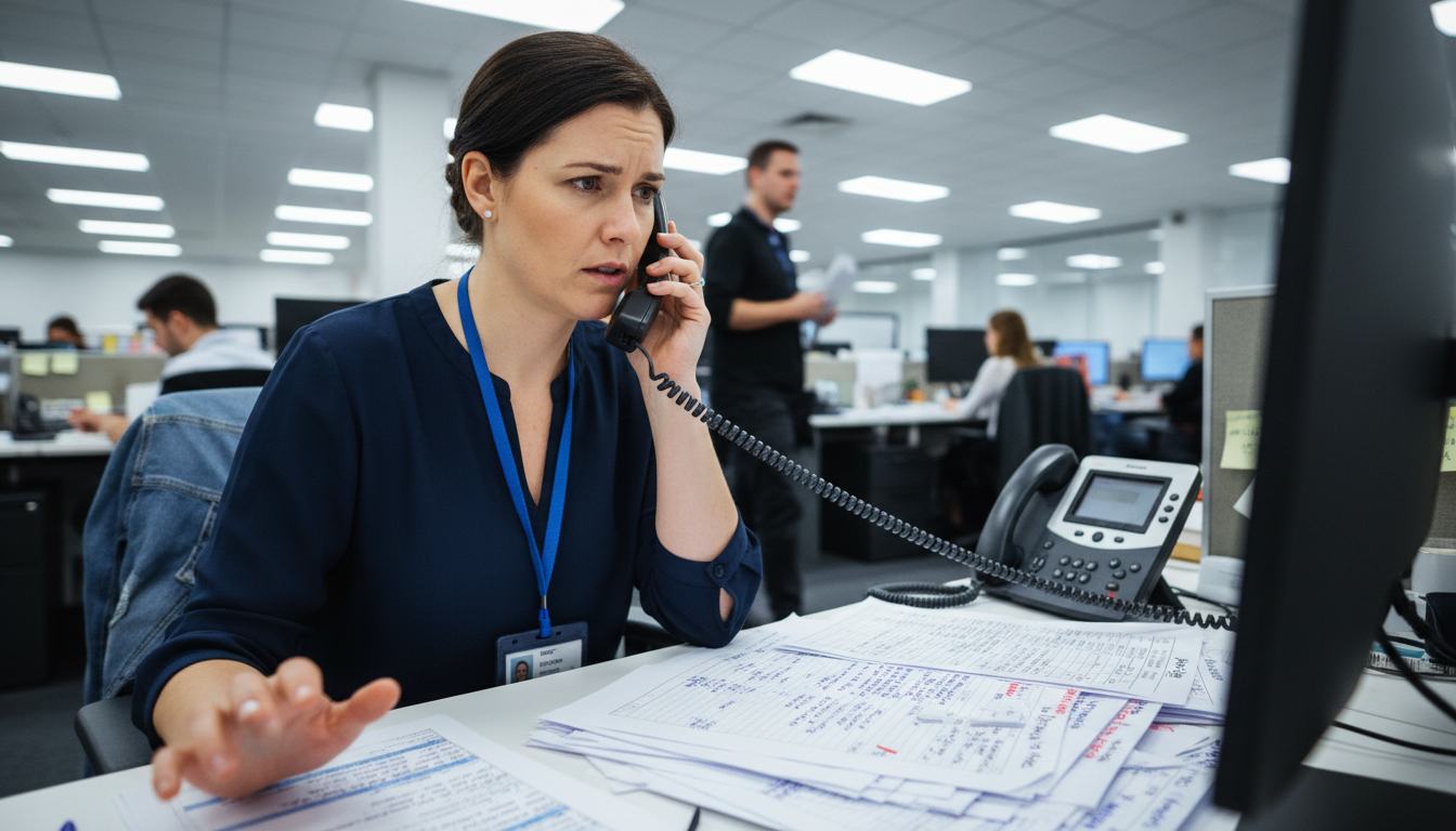 Illustration of a busy law firm intake coordinator managing calls and paperwork.
