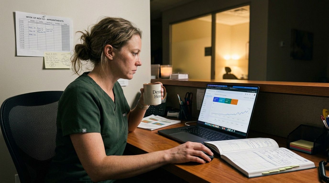 Illustration of a dental practice team reviewing its website and search visibility.