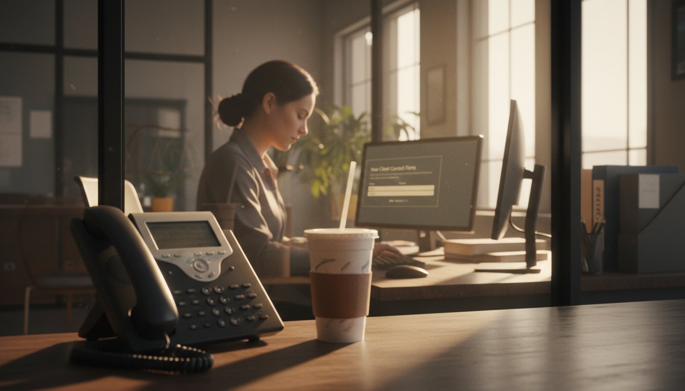 Illustration of a receptionist following up enquiries using a CRM.