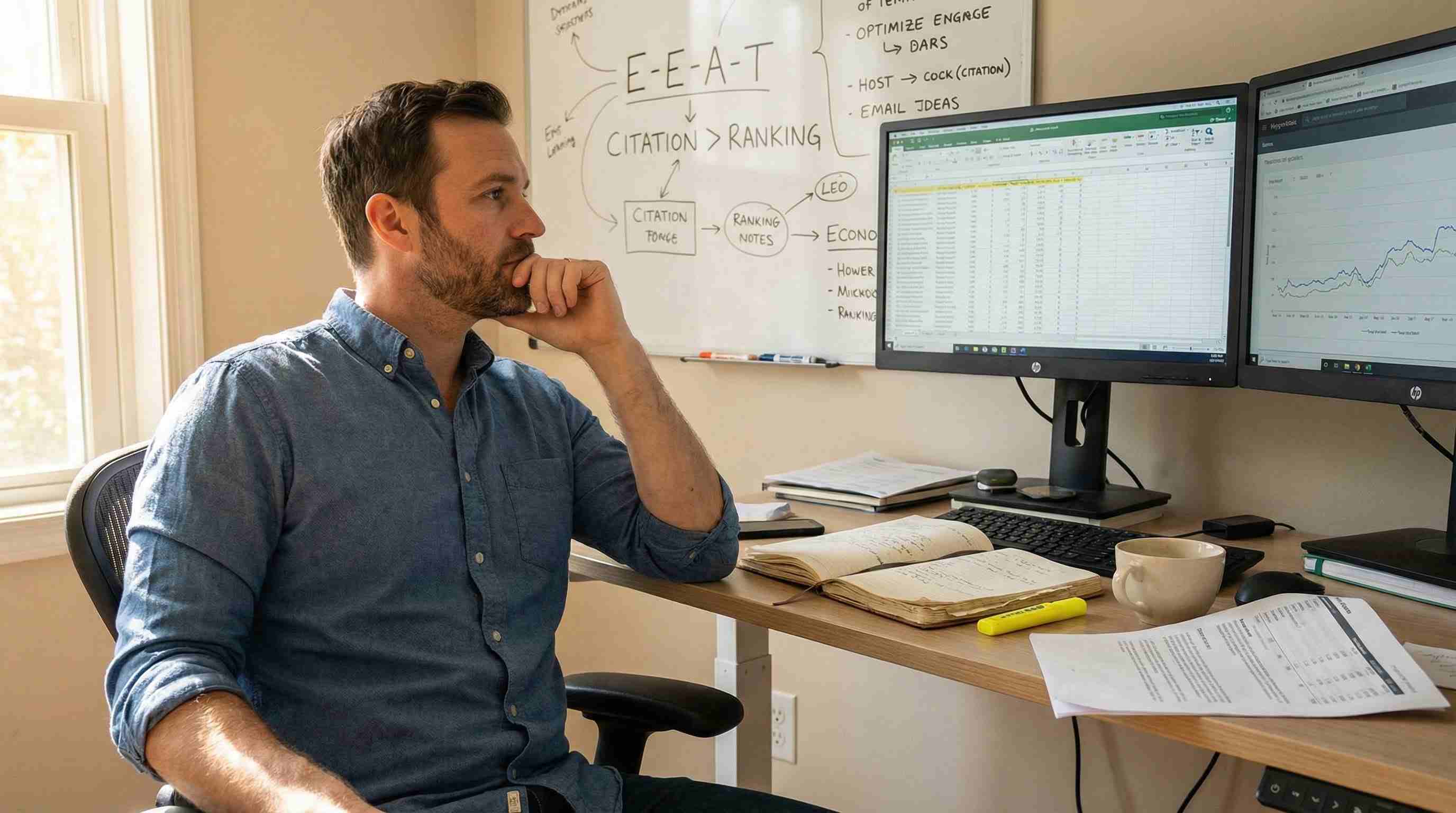 Illustration of a marketer reviewing website performance and trust signals.