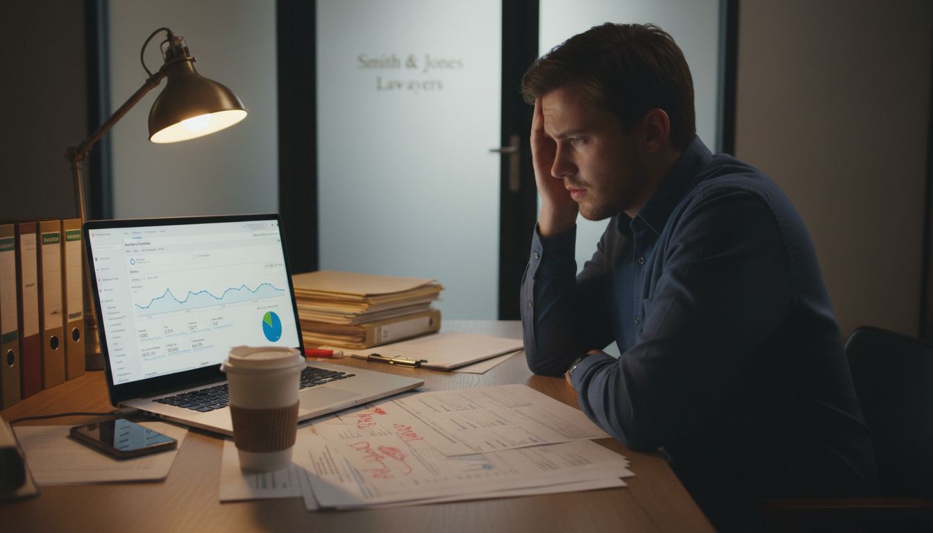 Illustration of a lawyer examining a falling website traffic chart.