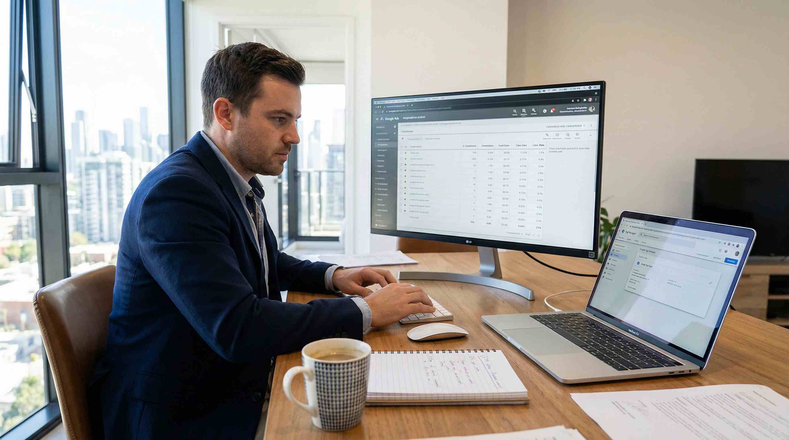 Illustration of a lawyer reviewing conversion data across two screens.