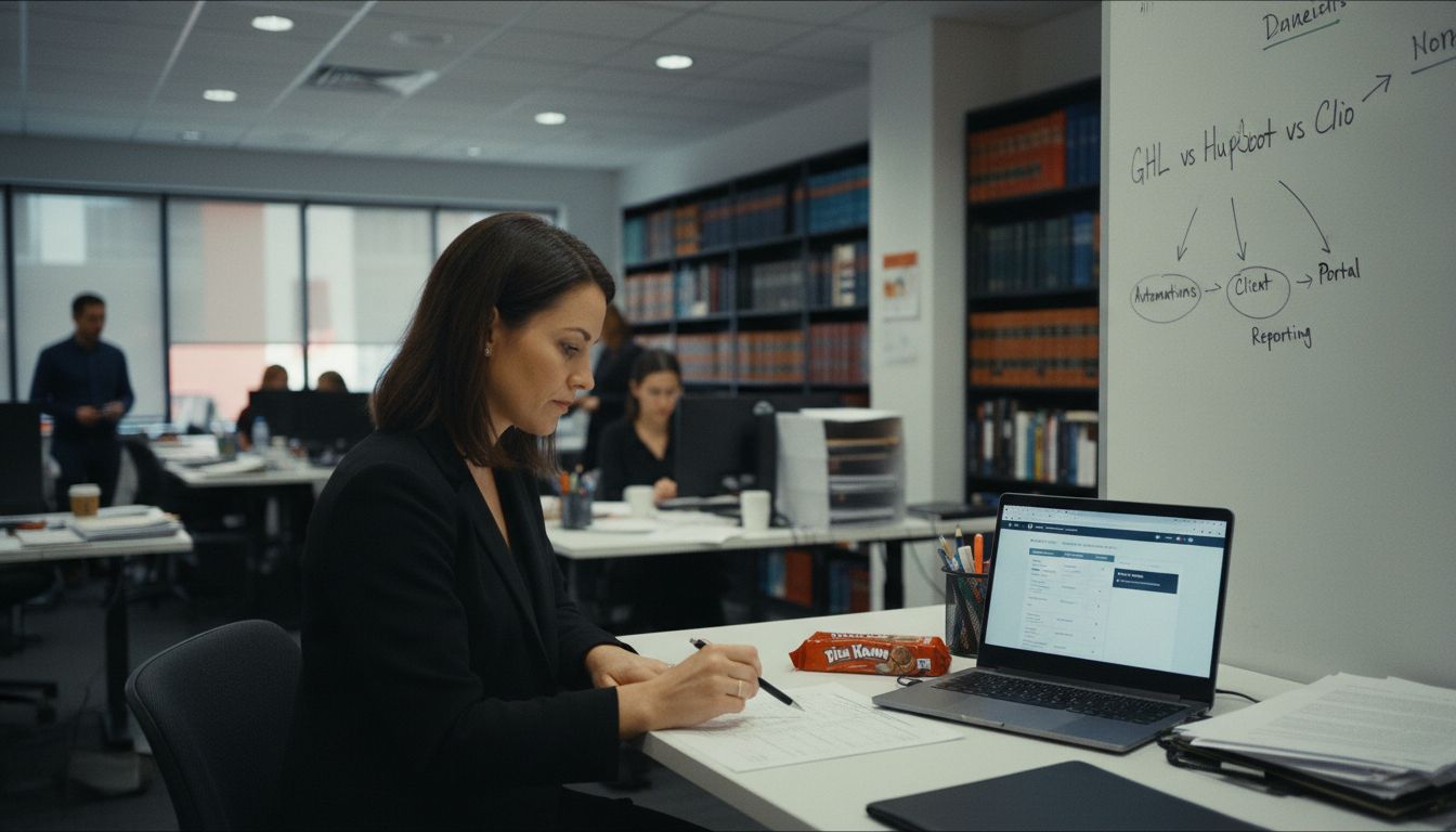 Illustration of law firm staff comparing customer relationship management options.