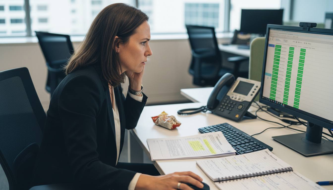 Illustration of a receptionist managing phone follow-ups with a spreadsheet.