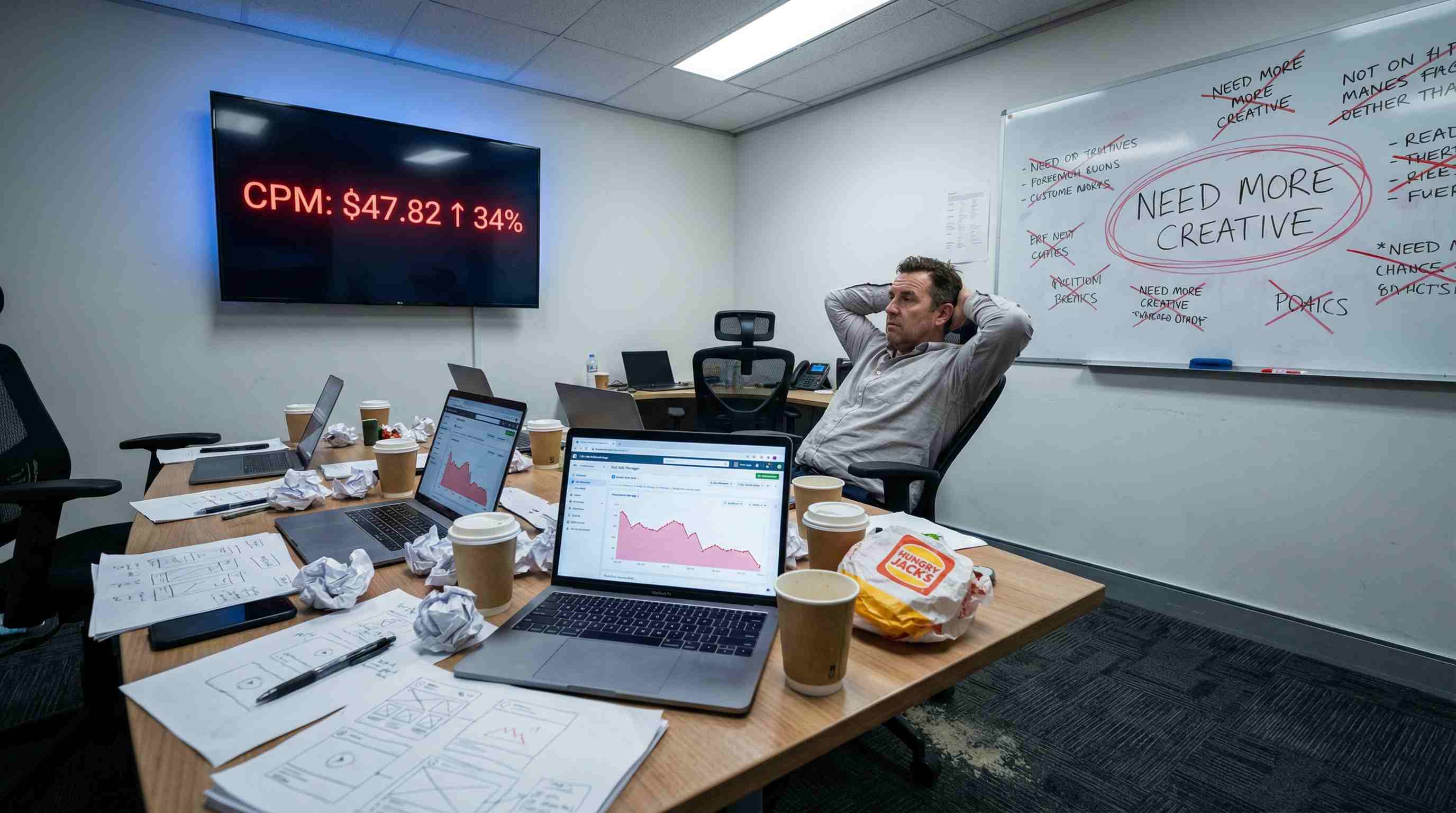 Illustration of a marketer reviewing rising advertising costs and creative requirements.