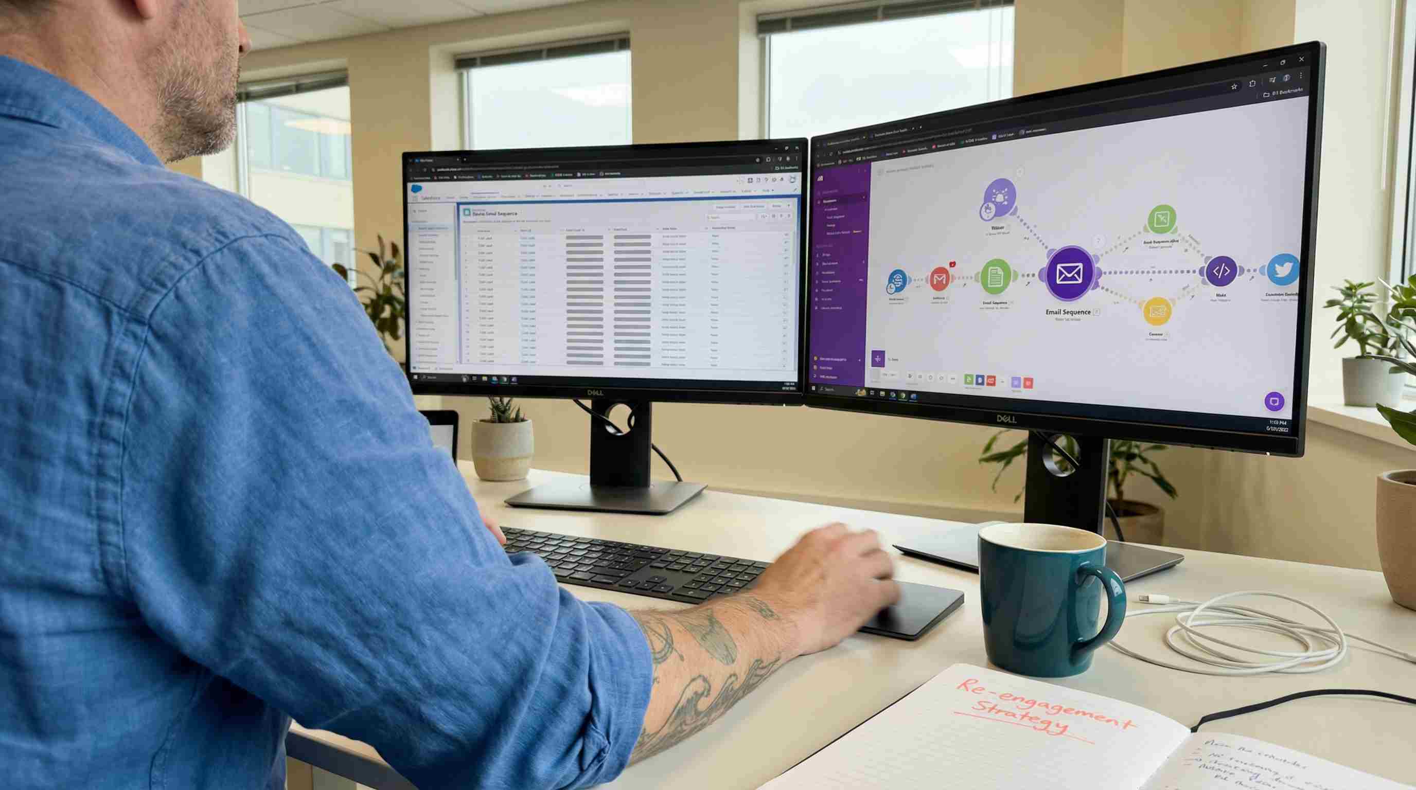 Illustration of a CRM connected to an automated lead-nurturing workflow.
