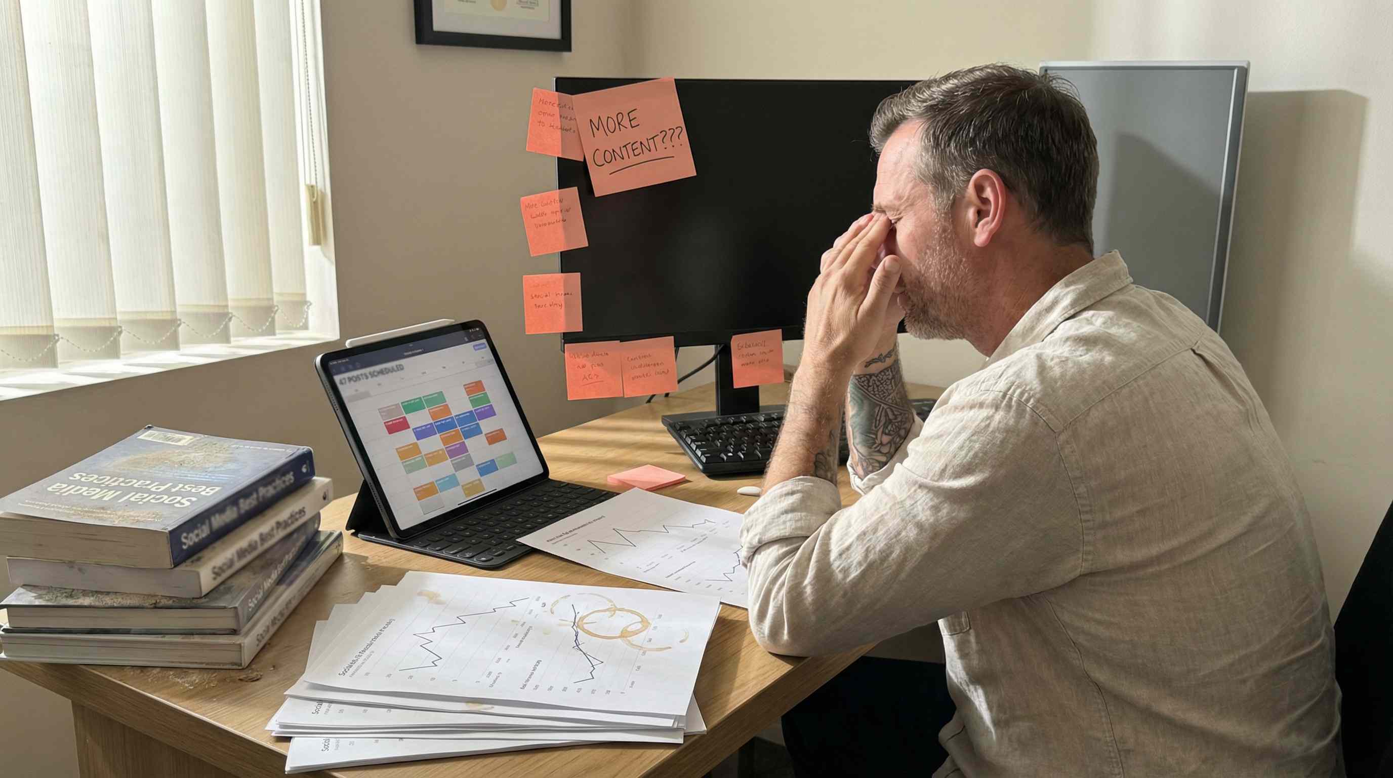 Illustration of a content planner surrounded by notes and unfinished ideas.